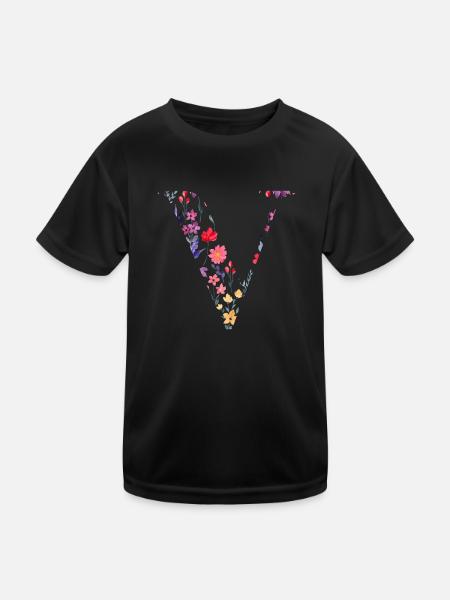 Personalisierter Blumenbuchstabe V - Geschenkidee - Kinder Funktions-T-Shirt - Schwarz