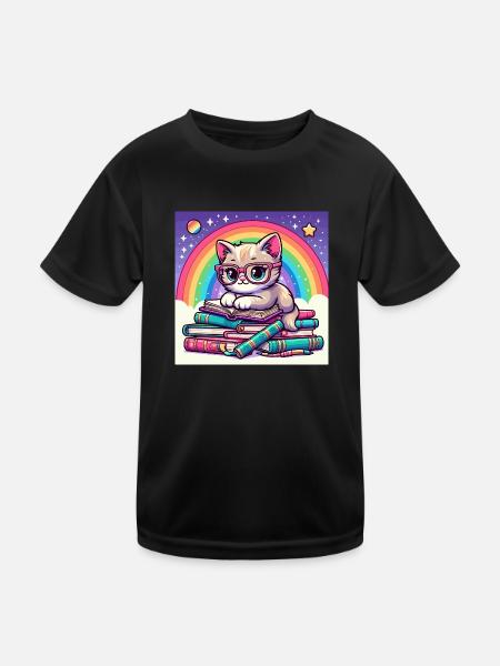 Cute cat reading books under the rainbow - Kids Functional T-Shirt - black