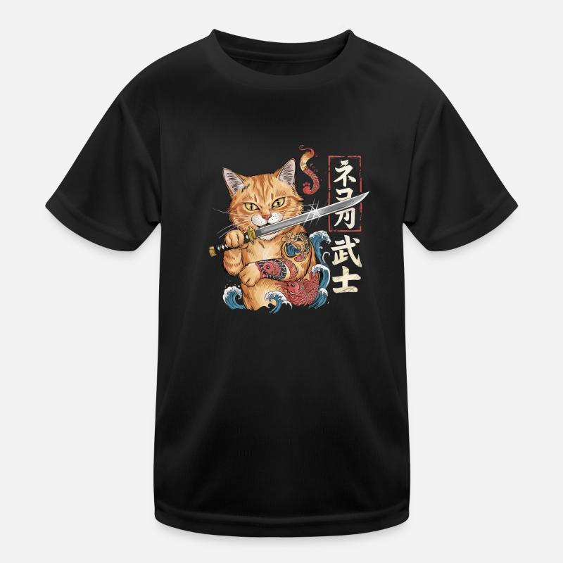 Samurai-Katze - Kinder Funktions-T-Shirt - Schwarz
