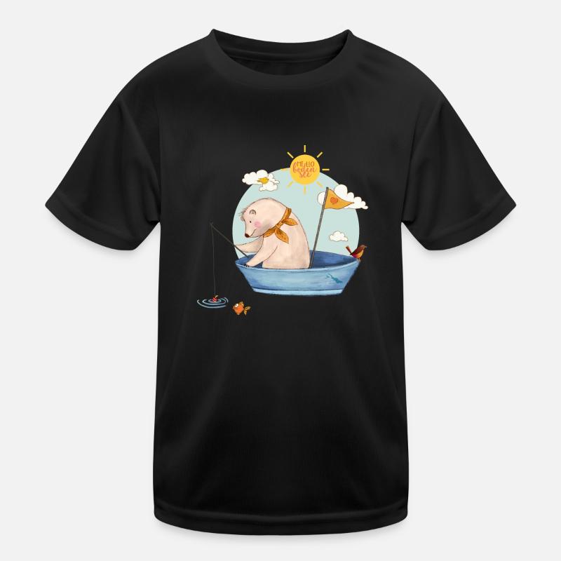 Angelnder Bär m Bodensee im Boot - Kinder Funktions-T-Shirt - Schwarz