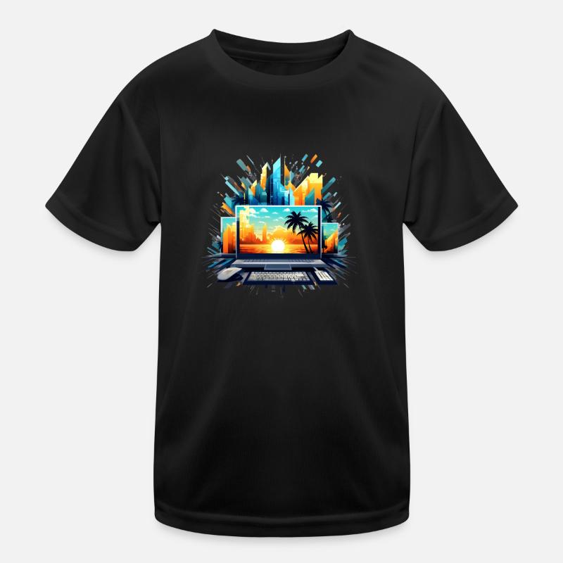 Cityscape, Sunset, Computer Chaos Kids Functional T-Shirt