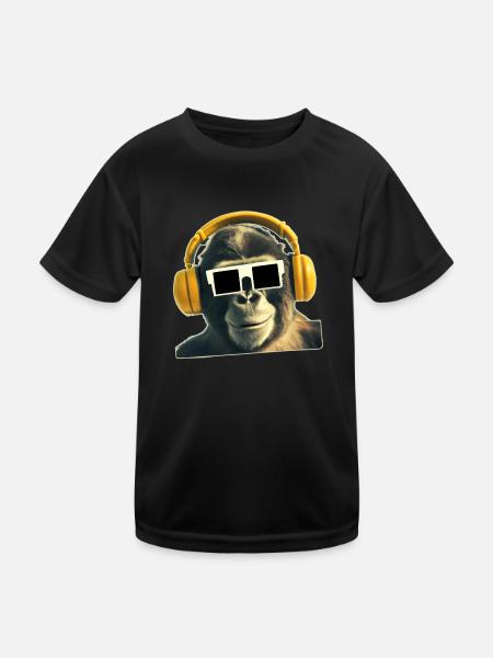 Cooler Affe mit Kopfhoerer und Brille - Kinder Funktions-T-Shirt - Schwarz - Vorne