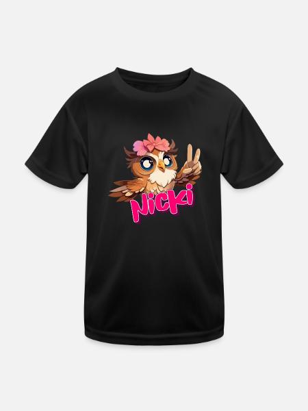 NICKI - Schöner Mädchen Name mit süßer EULE - Kinder Funktions-T-Shirt - Schwarz - Vorne