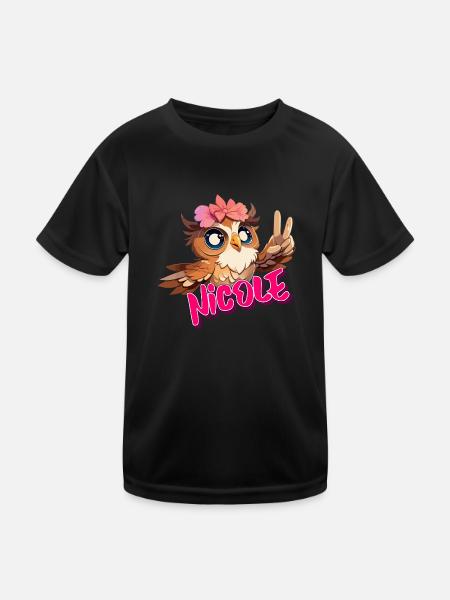 NICOLE - Schöner Mädchen Name mit süßer EULE - Kinder Funktions-T-Shirt - Schwarz - Vorne