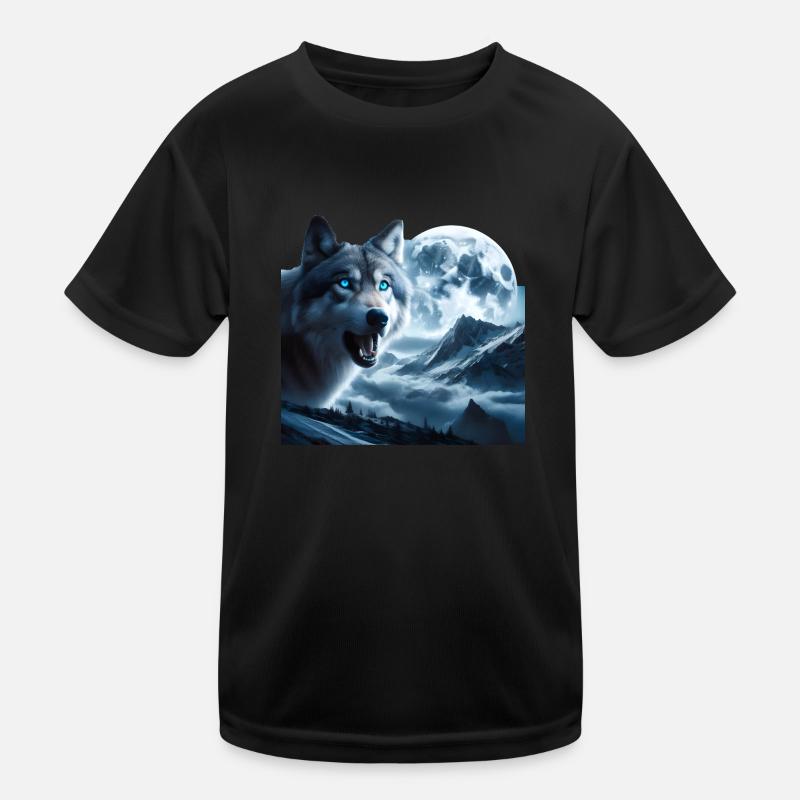 Wolf mit blauen Augen bei Vollmond Kinder Funktions-T-Shirt