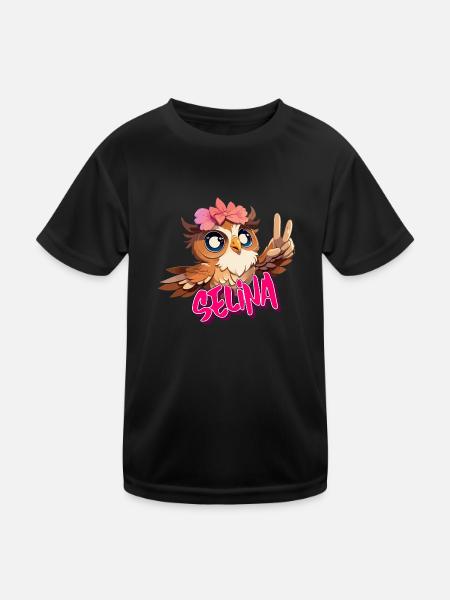 SELINA - Schöner Mädchen Name mit süßer EULE - Kinder Funktions-T-Shirt - Schwarz - Vorne
