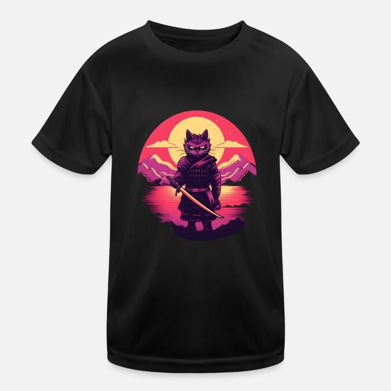 Synthwave samurai Cat Kids Functional T-Shirt