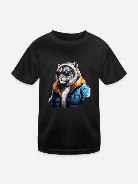 Streetstyle Schneeleopard | Leoparden-Liebhaber - Kinder Funktions-T-Shirt - Schwarz - Vorne
