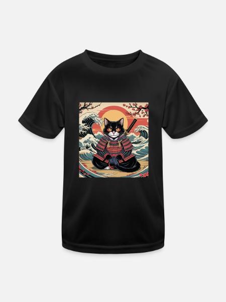 Samurai Katze mit Sonnenuntergang und Wellen – Jap - Kinder Funktions-T-Shirt - Schwarz