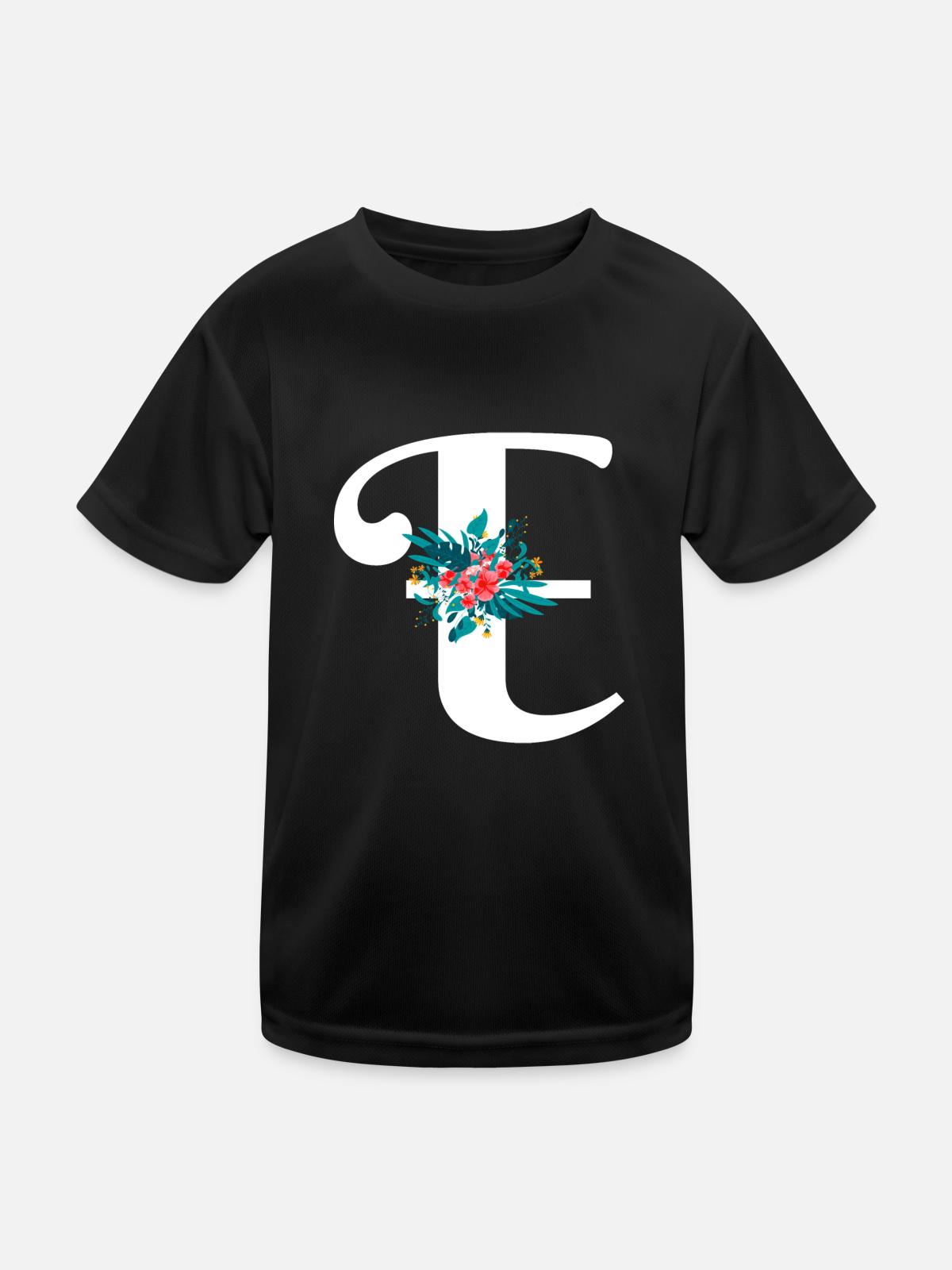Buchstabe E geblümt - Kinder Funktions-T-Shirt - Schwarz - Vorne