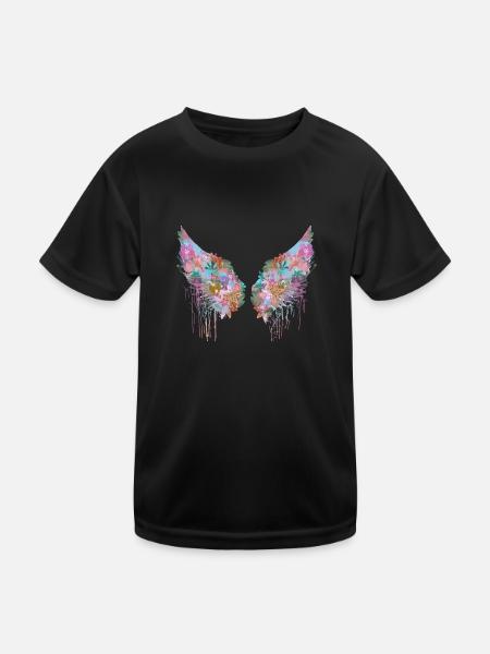 ailes d’ange, ailes, colorées, ailes d’ange, fleurs - T-shirt sport Enfant - noir - Devant