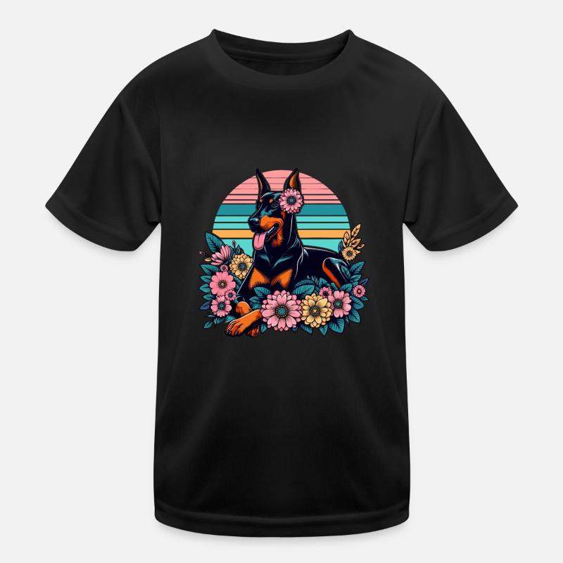 Doberman Retro Pastel Flowers Flowers Kids Functional T-Shirt