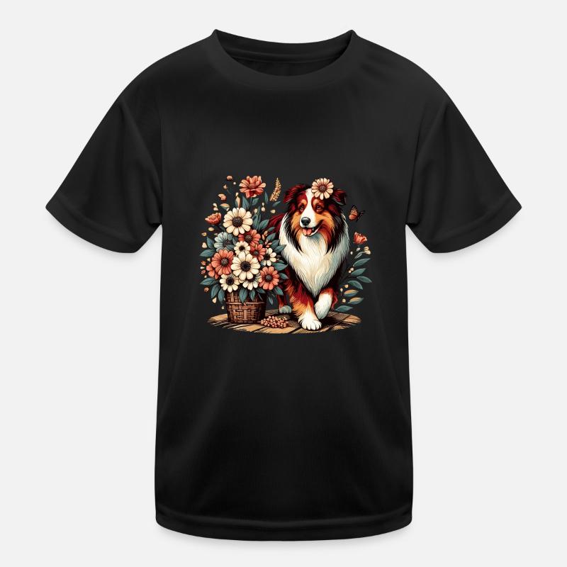 Australian Shepherd Cottage Core Flowers red tri Kids Functional T-Shirt