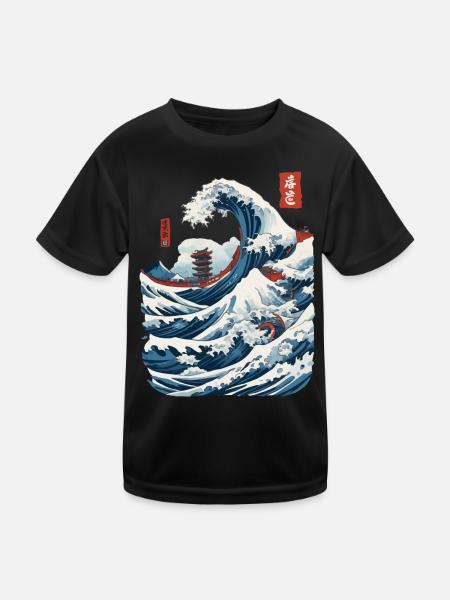 Vintage Japan Ukiyo-E Wave Streetwear Design - Kinder Funktions-T-Shirt - Schwarz