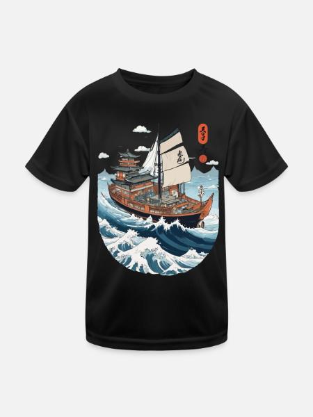 Japanische Kunst Aesthetic Kapitän Segelboot - Kinder Funktions-T-Shirt - Schwarz - Vorne