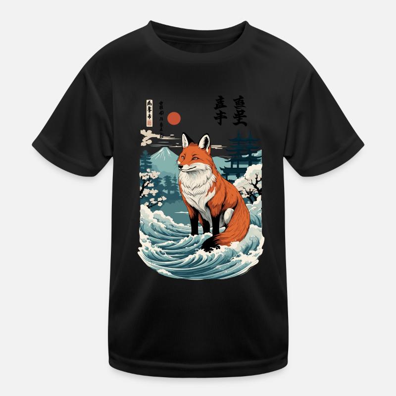 Ukiyo-E Art Style Japanese Kitsune Fox Ghost Kids Functional T-Shirt
