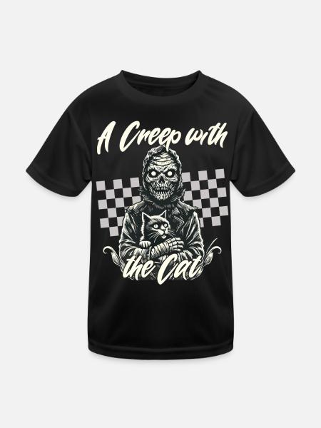 gruseliHalloween: Ein Unheimlicher Mit Der Katze - Kinder Funktions-T-Shirt - Schwarz - Vorne