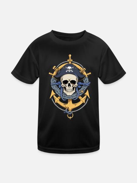 Piratenflaggen Skull Jolly Roger Pirat Kostüm - Kinder Funktions-T-Shirt - Schwarz - Vorne