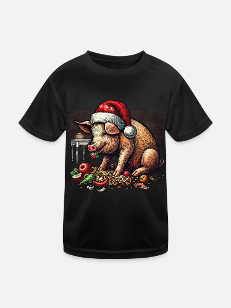 Greedy Christmas Pig with Hat - Kids Functional T-Shirt - black - Front