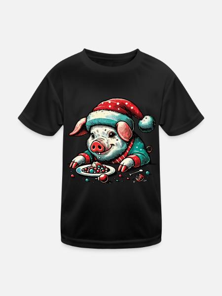 Greedy Christmas Pig - Kids Functional T-Shirt - black - Front