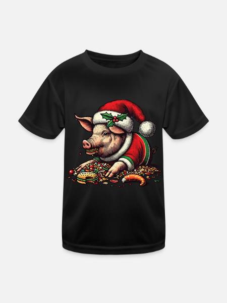 Christmassy gluttony pig - Kids Functional T-Shirt - black - Front