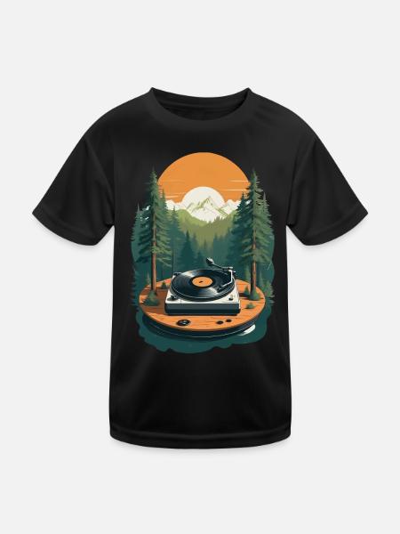 Musik Streetwear Outfit Plattenspieler Natur - Kinder Funktions-T-Shirt - Schwarz - Vorne
