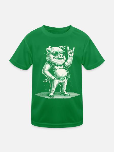 Funny Rock Music Pig Retro Style - Kids Functional T-Shirt - kelly green - Front