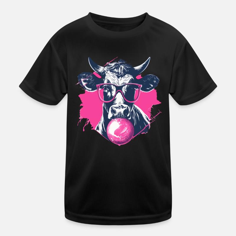 Kuh mit Brille und pinkem Kaugummi Kinder Funktions-T-Shirt