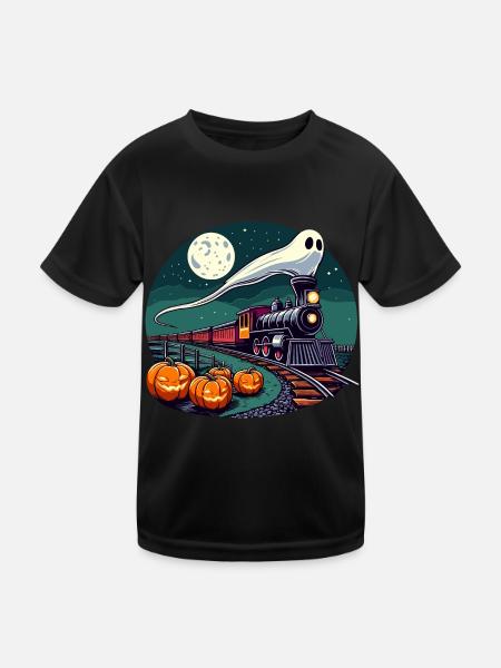 Halloween Ghost Locomotive Railway Pumpkin Funny - Kids Functional T-Shirt - black - Front