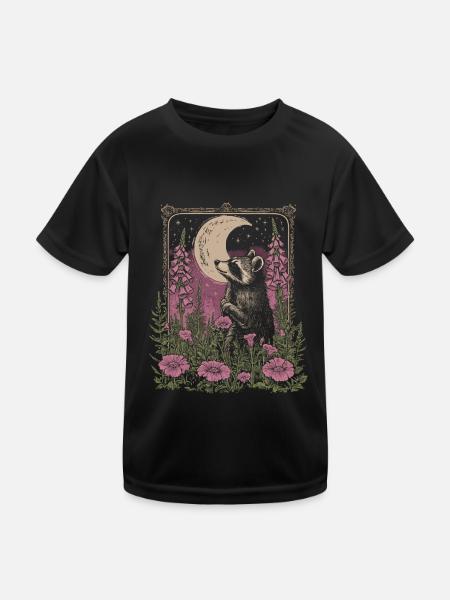 Waschbär Blumen Mond Vintage Cottagecore - Kinder Funktions-T-Shirt - Schwarz