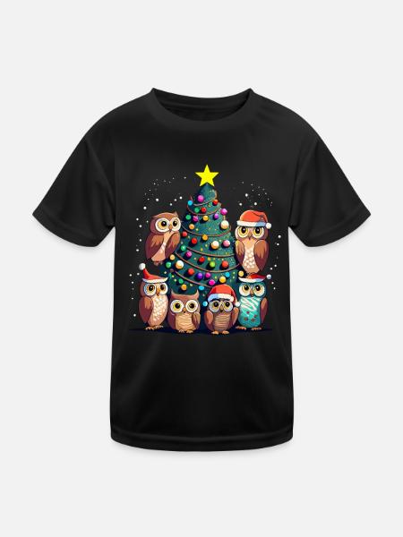 Eulen mit Weihnachtsmütze feiern Weihnachten - Kinder Funktions-T-Shirt - Schwarz - Vorne