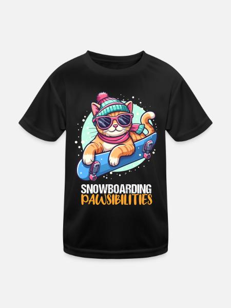 Katze fährt Snowboard Cool Apparel Snowboarding - Kinder Funktions-T-Shirt - Schwarz - Vorne