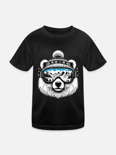 Ours avec des lunettes de ski sur la pente des montagnes enneigées des vacances de ski - T-shirt sport Enfant - noir - Devant