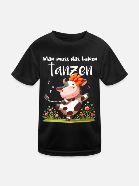 Kuh Tanzen Lebensfreude Blumen Landwirt lustig - Kinder Funktions-T-Shirt - Schwarz - Vorne
