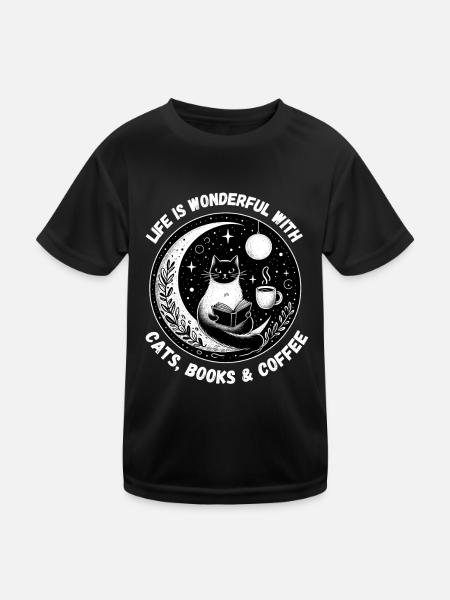 Life is wonderful Cats Books Coffee Reading Happiness - Kids Functional T-Shirt - black - Front