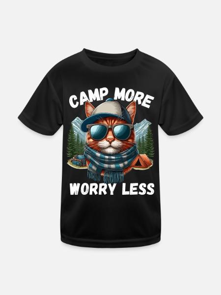 Camping Cat Mountains Campsite Camper Tent Meow - Kids Functional T-Shirt - black - Front