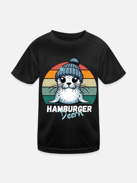 Hamburg Seehund Robbe Hamburger Deern Lustig Retro - Kinder Funktions-T-Shirt - Schwarz - Vorne