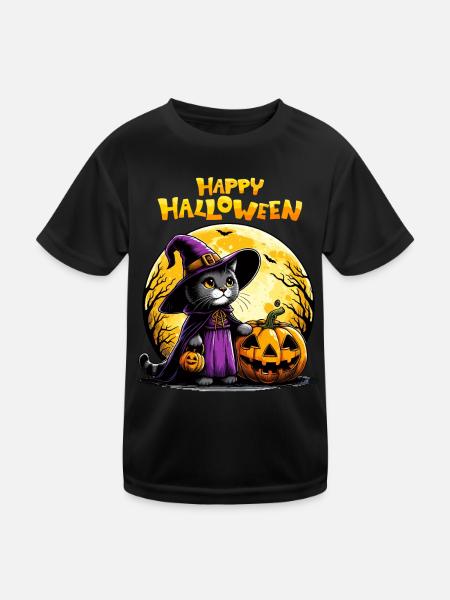 Happy Halloween Cat Witch Pumpkin Cute Kids - Kids Functional T-Shirt - black - Front