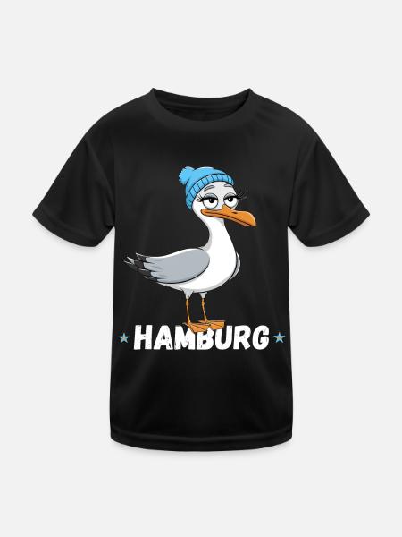 Hamburg Hamburger Möwe Beanie Nordsee Cartoon - Kinder Funktions-T-Shirt - Schwarz - Vorne