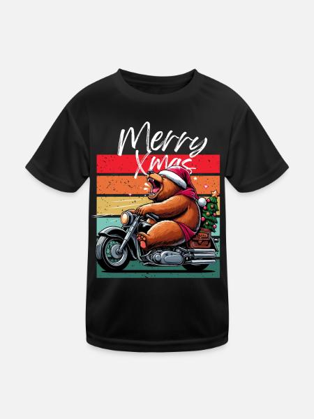 Merry Xmas Biker Motorcycle Retro Bear Christmas - Kids Functional T-Shirt - black - Front