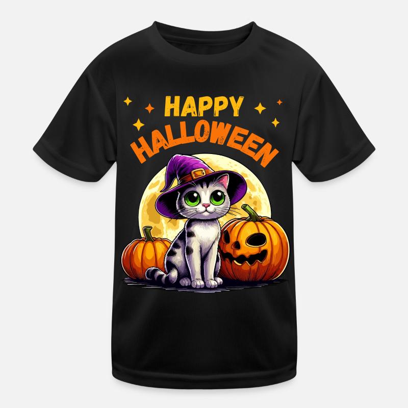 Halloween Chat Sorcière Chapeau Citrouille Étoiles Mignon T-shirt sport Enfant