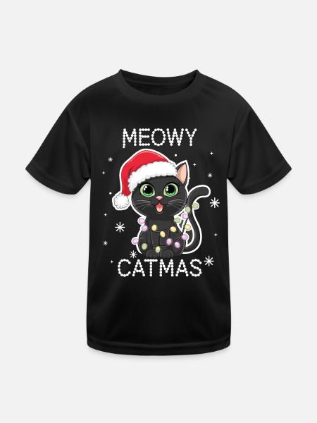 Meowy Catmas Christmas Cat Santa Hat Fun - Kids Functional T-Shirt - black - Front