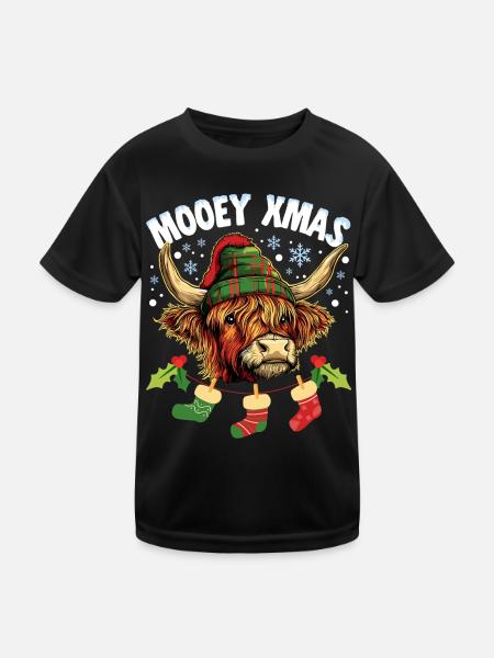 Christmas Scottish Highland Cattle Mooey Xmas - Kids Functional T-Shirt - black - Front
