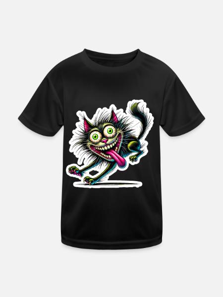 Crazy Cat Comic Style Funny Animal Motif - Kids Functional T-Shirt - black - Front