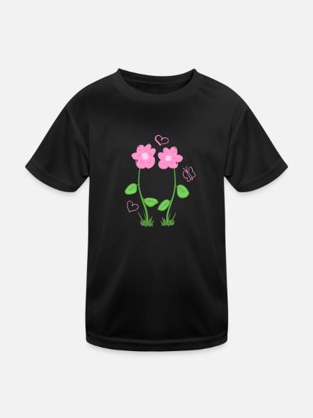 rosa blumen herz pärchen valentinstag - Kinder Funktions-T-Shirt - Schwarz - Vorne