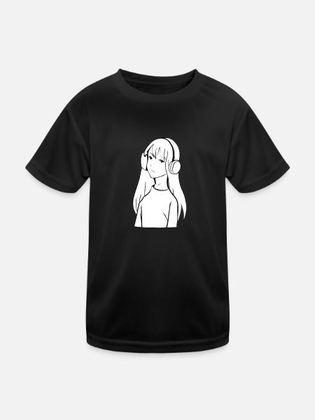 Girl Listening to Music Headphones Anime Manga - Kids Functional T-Shirt - black - Front