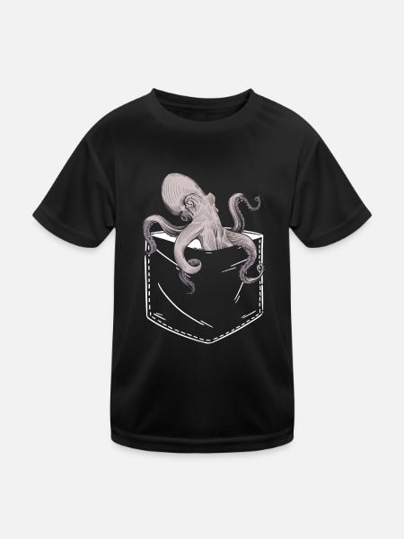 Oktopus In Der Brusttasche Design Krake Pocket Tin - Kinder Funktions-T-Shirt - Schwarz - Vorne