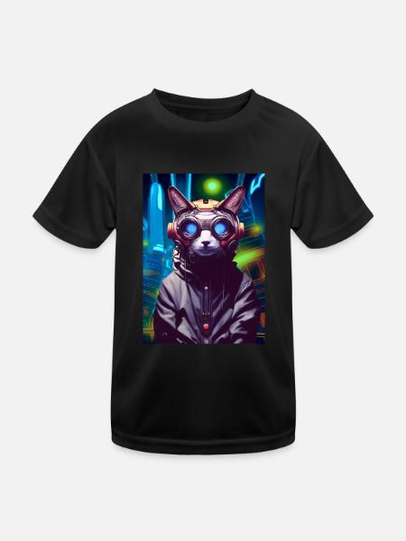 Techno Cat In Japan Neon City - Kinder Funktions-T-Shirt - Schwarz - Vorne