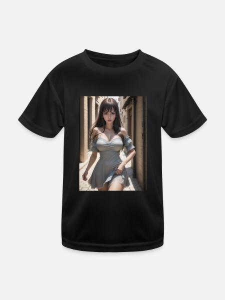 Woman in a alley, town,Generated AI - Kinder Funktions-T-Shirt - Schwarz - Vorne