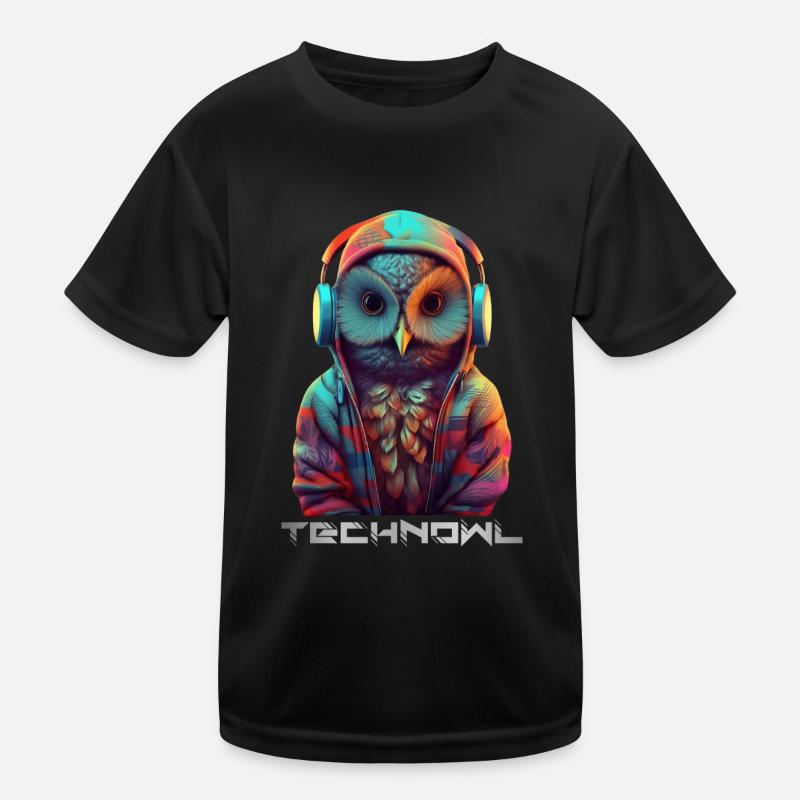 Technowl DJ Party Eule Nachteule Techno Tier - Kinder Funktions-T-Shirt - Schwarz